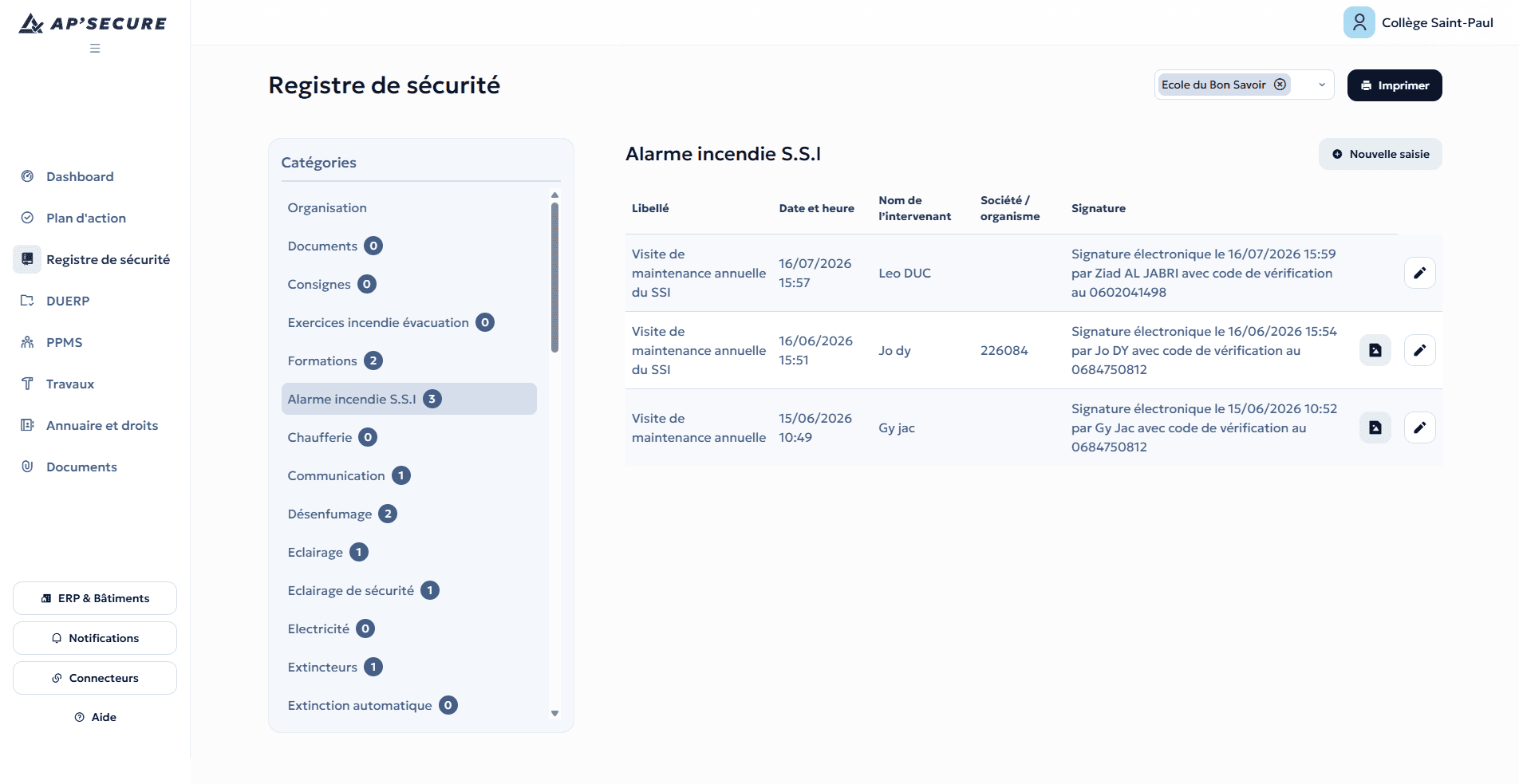 Capture d'écran registre de sécurité Ap'Secure